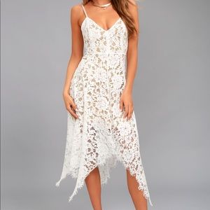 Lulu’s One Wish White Lace Midi Dress